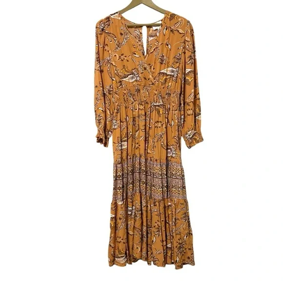 Bohme Orange Paisley Boho Print Long Sleeve Midi Dress Size XL Fall  Cottagecore